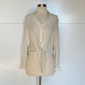 Saks Fifth Ave 100% Silk Front Tie Button Up Dress Shirt Off White Ivory XS